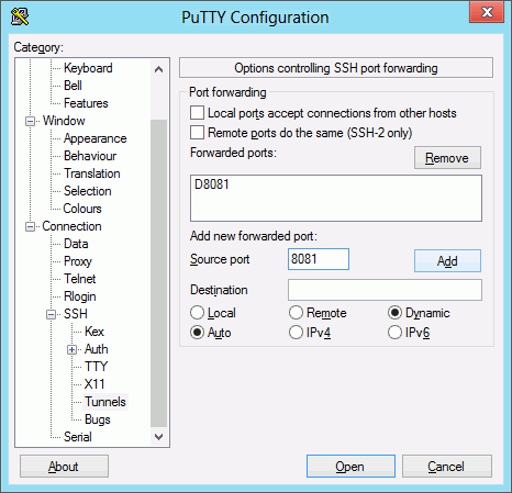 create ssh tunnel putty