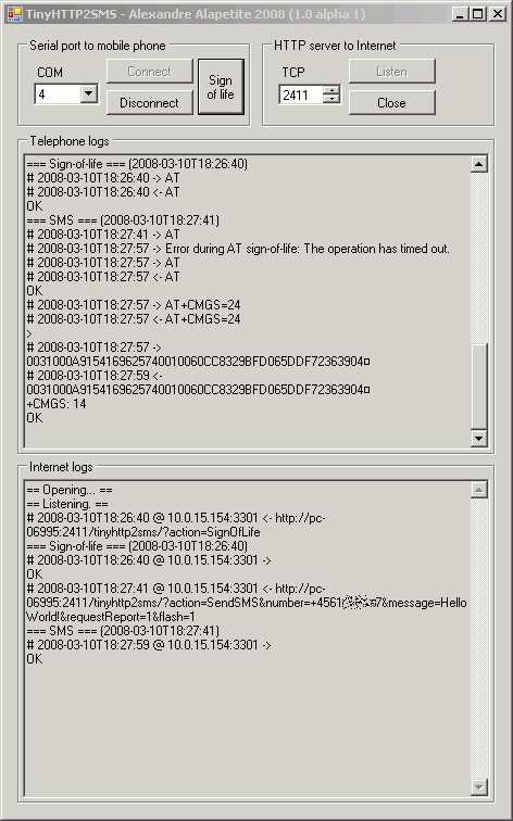 [TinyHTTP2SMS screenshot]